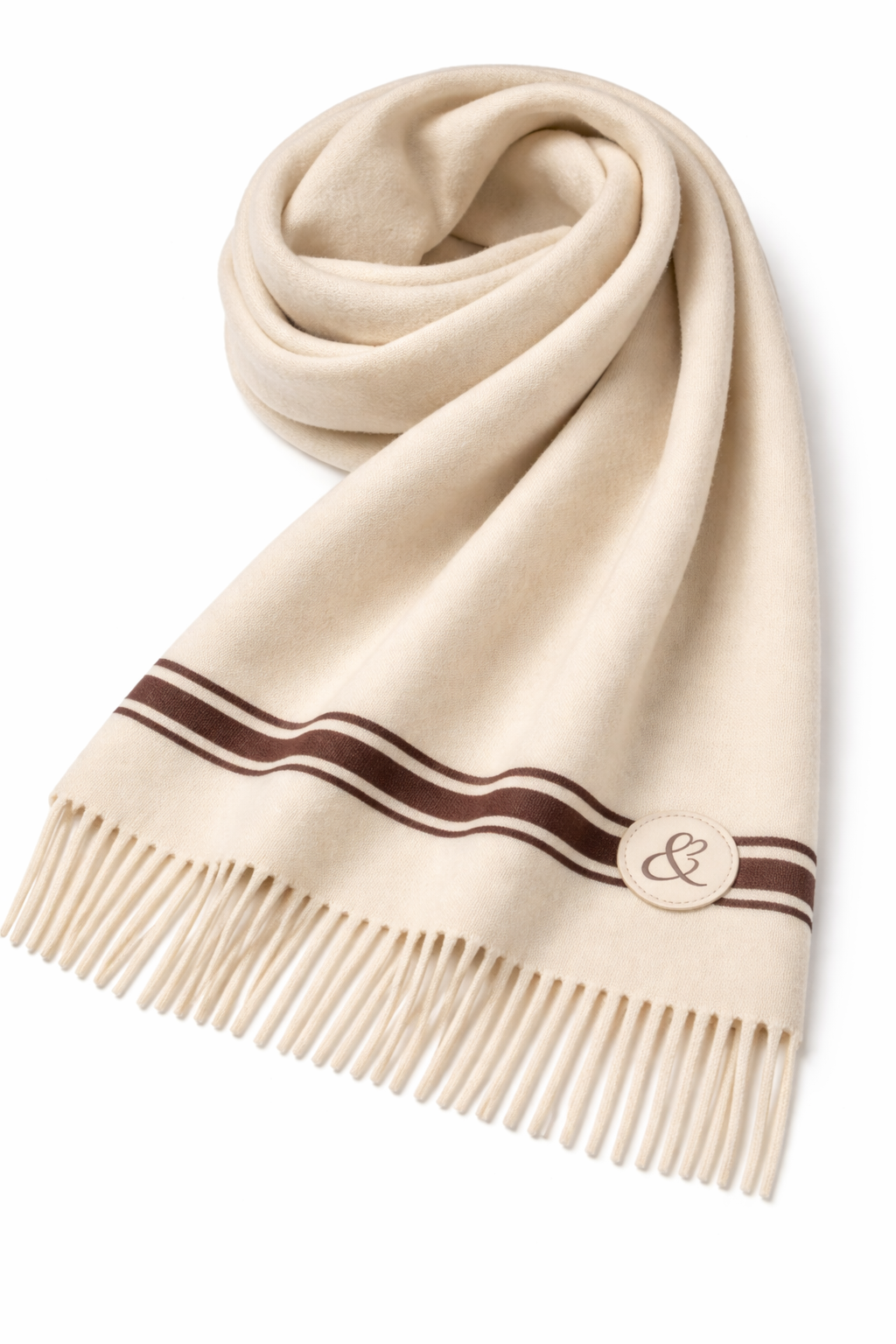 Woven Cashmere Scarf in cream and chocolate — draped elegantly